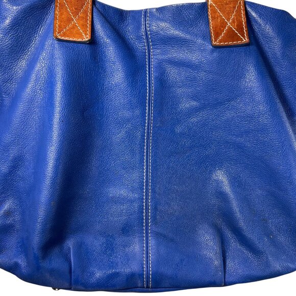 Amber Rose Blue Leather Purse Shoulder Bag Italy Tan Handles Zippers Pockets - Picture 5 of 14